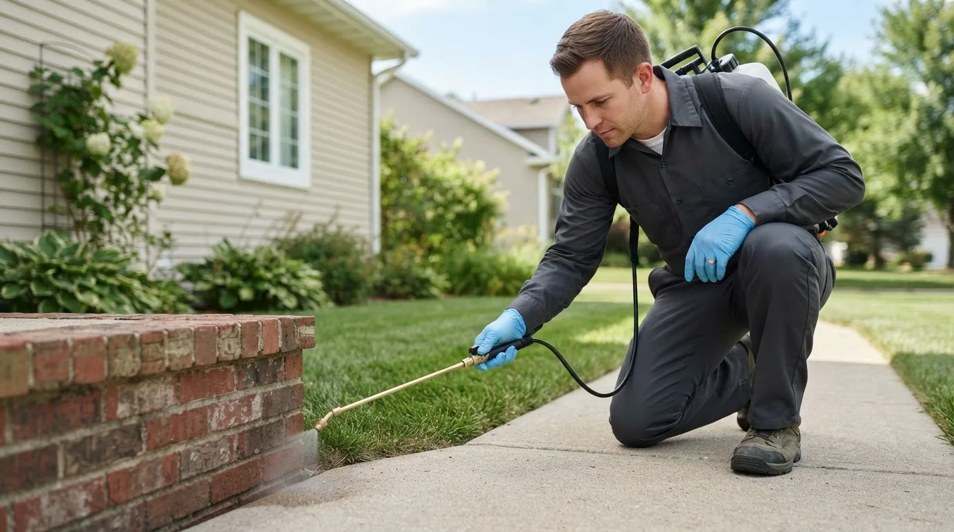 Pest control technician treating a home near Elizabethtown, KY